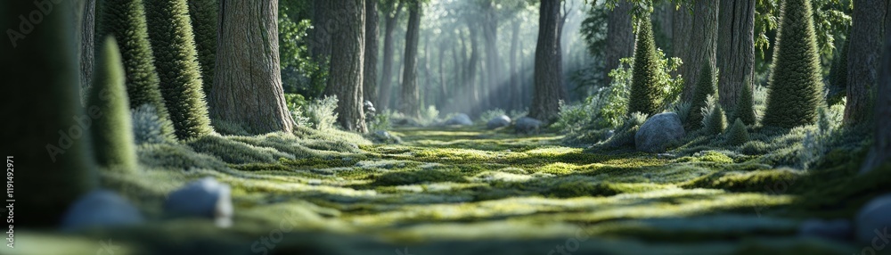 Sunlit Forest Pathway with Lush Moss-Covered Ground in Tranquil Nature Setting Sunlit Forest Pathway with Lush Moss-Covered Ground in Tranquil Nature Setting
