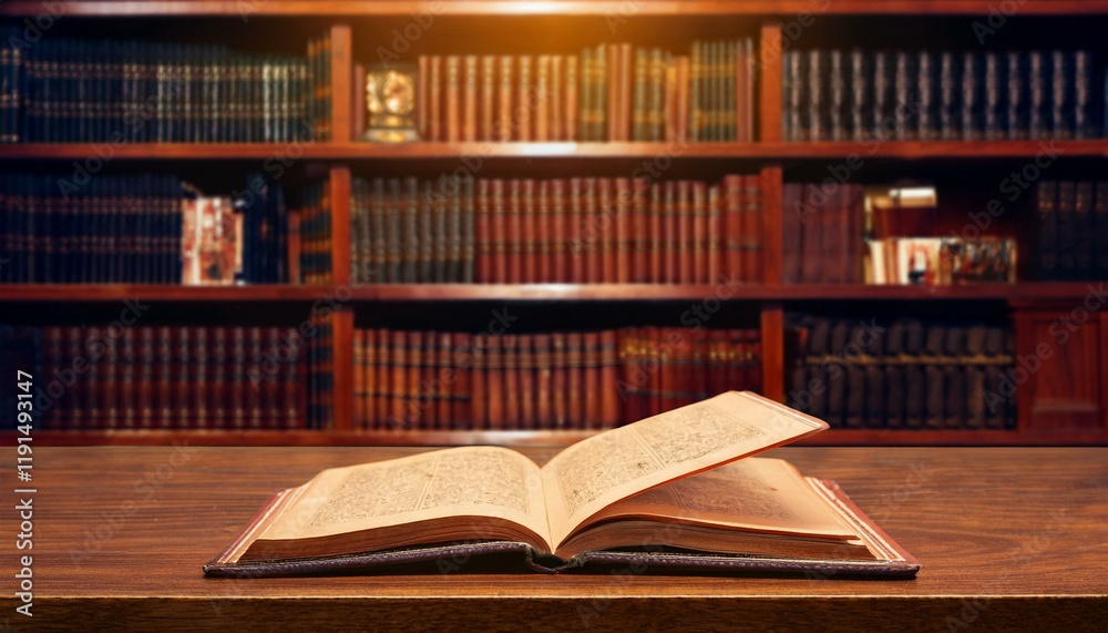 Generated image Workplace with a not book on the desk, and bookshelf in the library Background Generated image Workplace with a not book on the desk, and bookshelf in the library Background