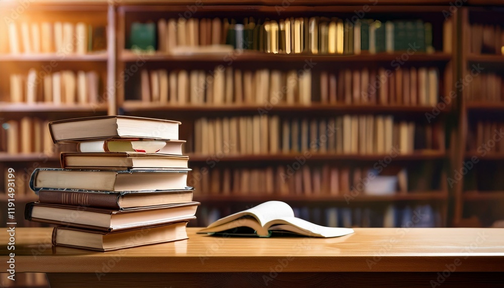 Generated image Workplace with a not book on the desk, and bookshelf in the library Background Generated image Workplace with a not book on the desk, and bookshelf in the library Background