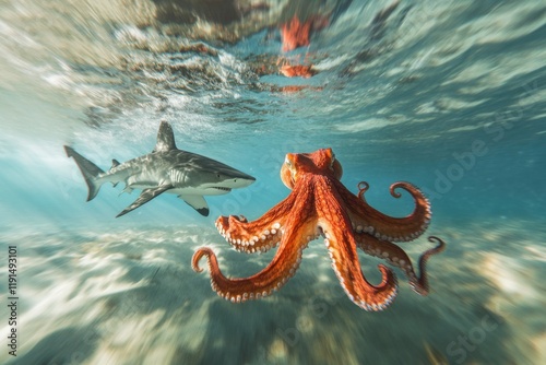 Dynamic photo of red octopus fleeing hammerhead shark