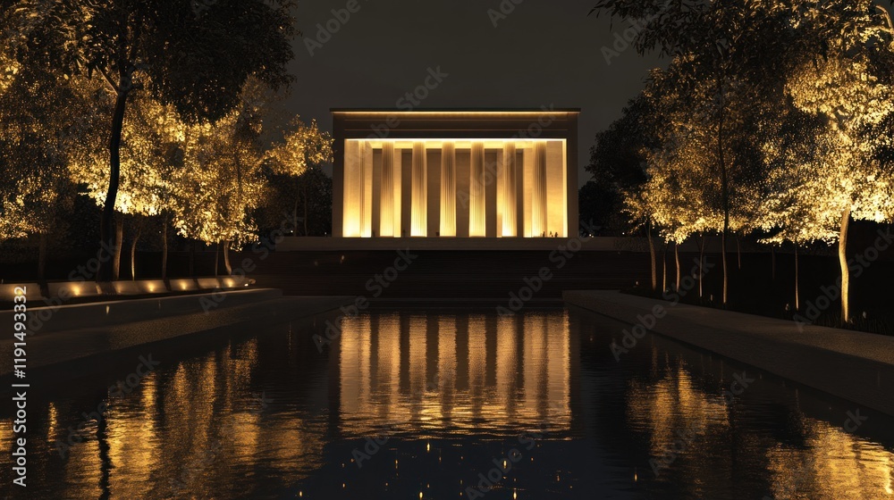 Obraz premium A stunning night view of a grand building with illuminated columns and reflective pool