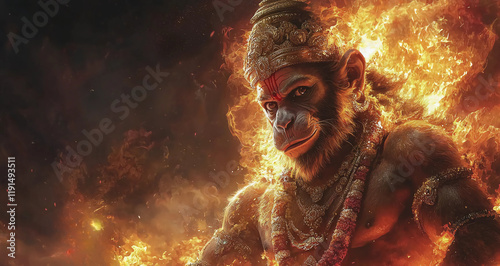 Stock image of intense Lord Hanuman emerging from blazing flames, exuding power and determination. Concept of courage, strength, and divine energy. photo