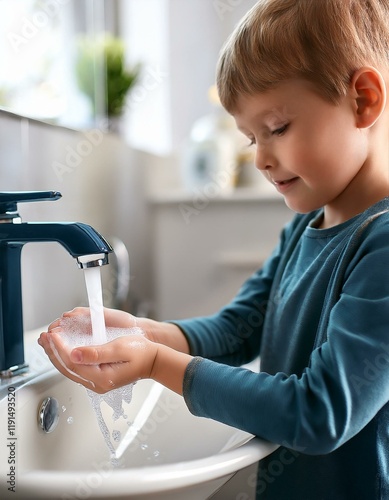 Generated image Young child washing their hands with soap and water. children's hygiene and health concept