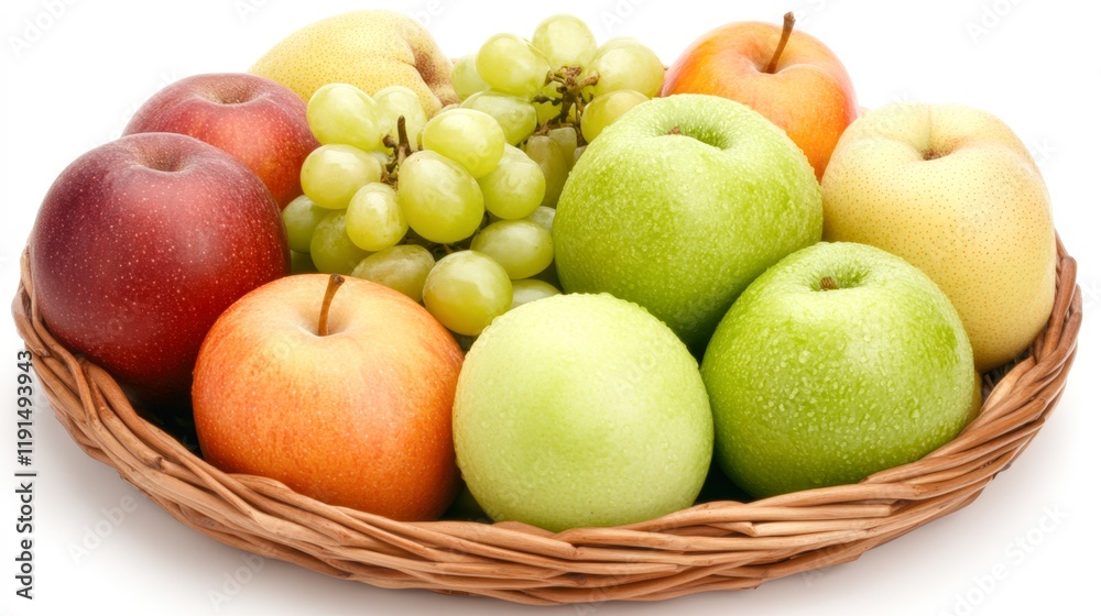 A vibrant fruit basket filled with assorted apples, green grapes, and pears, perfect for health-related content, dietary guides, or culinary websites emphasizing fresh produce, A vibrant fruit basket filled with assorted apples, green grapes, and pears, perfect for health-related content, dietary guides, or culinary websites emphasizing fresh produce,