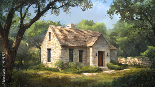 Traditional single-story limestone and cedar clad residence with rustic charm, surrounded by lush greenery and majestic oak trees outdoors. Glimmerstone. Illustration