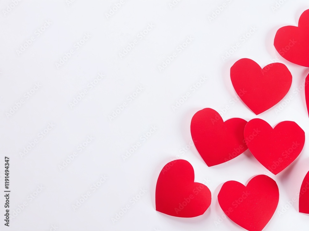 Colorful red paper hearts scattered on a clean white background for romantic celebrations and crafts. Valentine’s Day, date, engagement, love, wedding, background Colorful red paper hearts scattered on a clean white background for romantic celebrations and crafts. Valentine’s Day, date, engagement, love, wedding, background