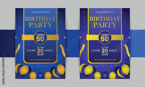 Vibrant birthday invitation design with playful fonts, balloons, and confetti, perfect for any celebration. Available in multiple formats for customization. photo