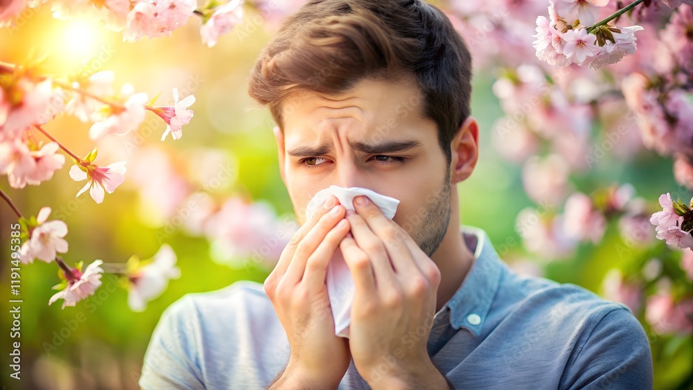 Young man sneezing into a tissue surrounded by blooming spring trees. A vibrant seasonal scene highlighting allergies, pollen, and seasonal discomfort in a natural outdoor environment. Young man sneezing into a tissue surrounded by blooming spring trees. A vibrant seasonal scene highlighting allergies, pollen, and seasonal discomfort in a natural outdoor environment.
