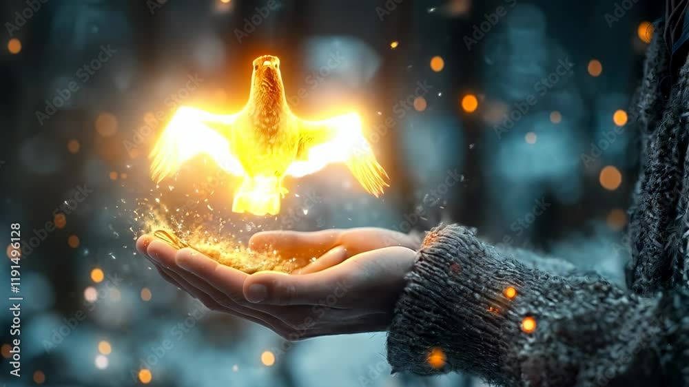 Close up of male hands in warm sweater releasing glowing magical fire bird, symbolizing letting go of past and embracing new beginnings. Concept of transformation and spiritual freedom