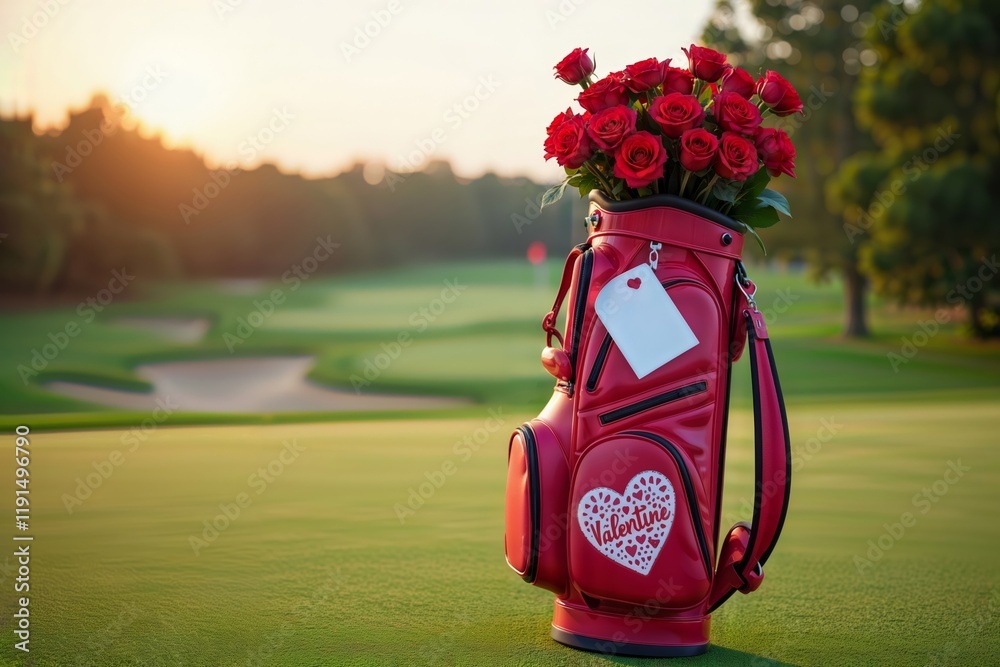 Valentine golf bag. A red golf bag with a heart-shaped Valentine's Day tag and red roses on a golf course.