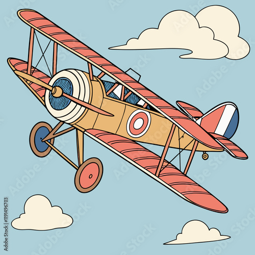 Vintage Biplane in Flight: A nostalgic illustration of a classic biplane soaring through a clear sky, evokes a sense of adventure and freedom.