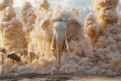 Majestic Elephant Herd Emerging from Dust Clouds in a Stunning, Dramatic Landscape. photo