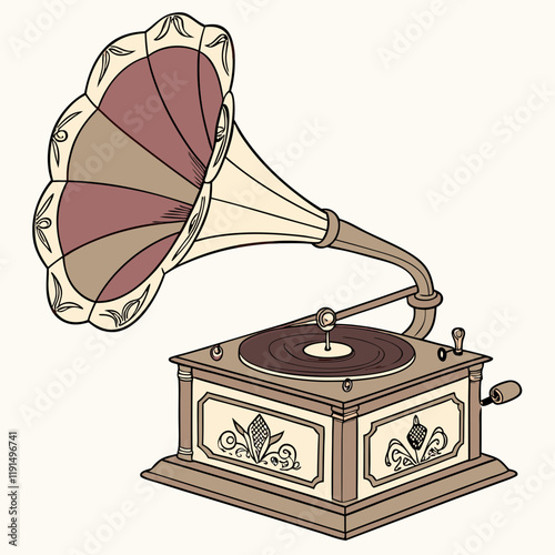 Vintage Gramophone: A nostalgic illustration of a classic gramophone with a  ornate,  elegant, and  intricately decorated wooden cabinet, featuring a  wide,  striking  and  expansive  horn.