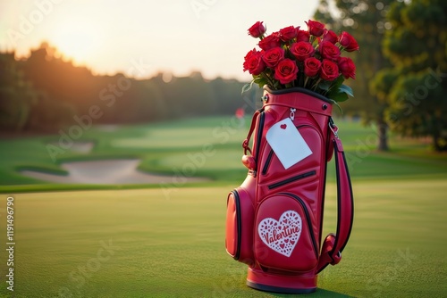 Obraz na płótnie Valentine golf bag. A red golf bag with a heart-shaped Valentine's Day tag and red roses on a golf course. w salonie