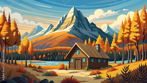 Wooden hut with Assiniboine mountain in autumn forest at provincial park