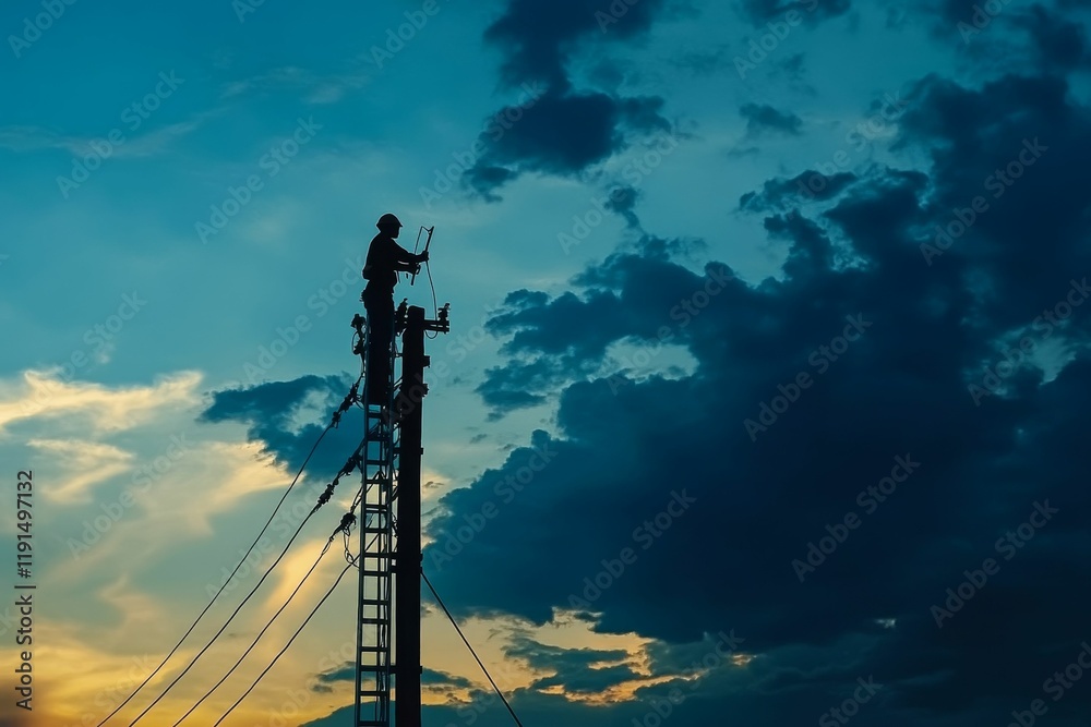 Obraz premium Silhouetted worker on tall ladder, fixing power lines.