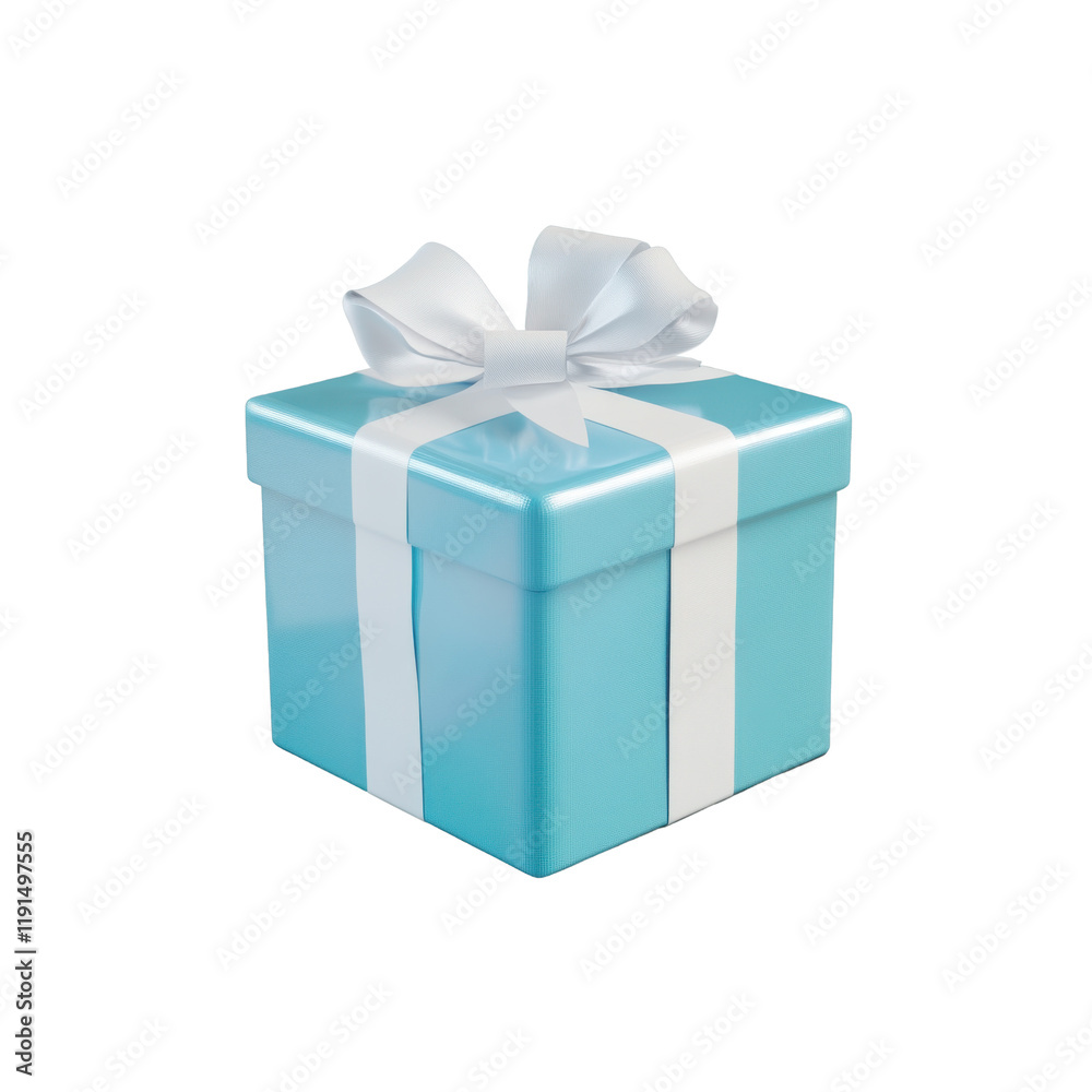 Fototapeta premium 3D illustration of a blue gift box with a white ribbon and bow. The simple and elegant design is perfect for celebrations and special events. Isolated on transparent background, png.