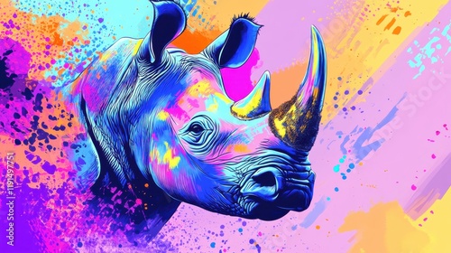 Vibrant Artistic Representation of a Rhinoceros Head with Bold Colors, Creative Brush Strokes, and Abstract Background Elements Reflecting Wildlife Conservation Themes photo