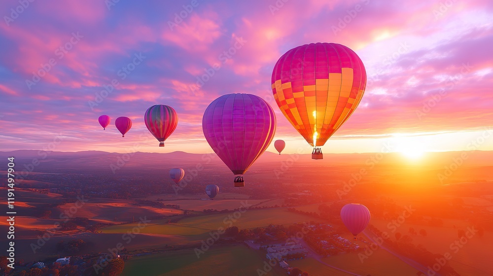 Obraz premium Colorful hot air balloons soar in the sky during a hot air balloon festival at sunset. Dreamy spring and summer landscape