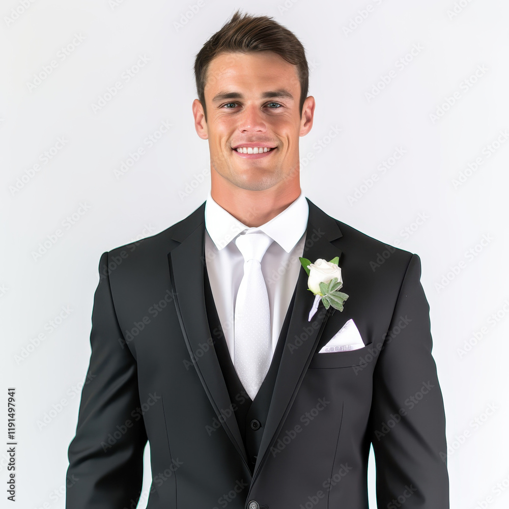 Elegant Groom in Black Tuxedo with White Rose Boutonniere Smiling for Wedding Portrait Photograph Elegant Groom in Black Tuxedo with White Rose Boutonniere Smiling for Wedding Portrait Photograph
