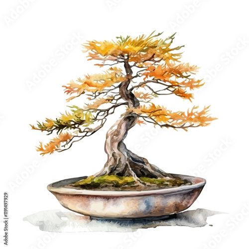 A watercolor clipart of a dawn redwood bonsai, isolated on a white background. Dawn Redwood Bonsai vector.
