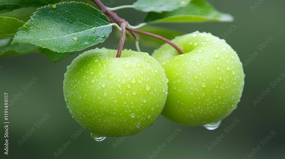 Fresh green apples with water droplets resting on them, surrounded by lush leaves, This image can be used for health-related articles, cooking blogs, or promotional materials for fresh produce, Fresh green apples with water droplets resting on them, surrounded by lush leaves, This image can be used for health-related articles, cooking blogs, or promotional materials for fresh produce,