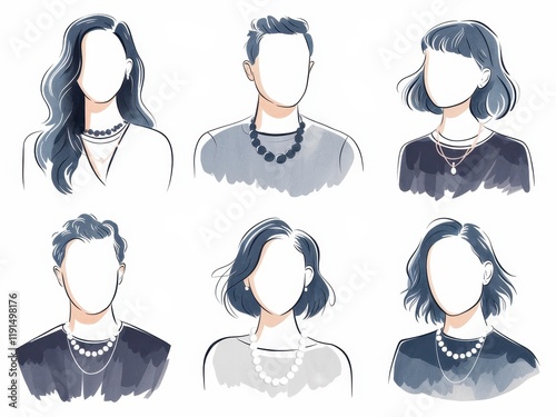 Six faceless individuals showcase diverse hairstyles and necklaces photo