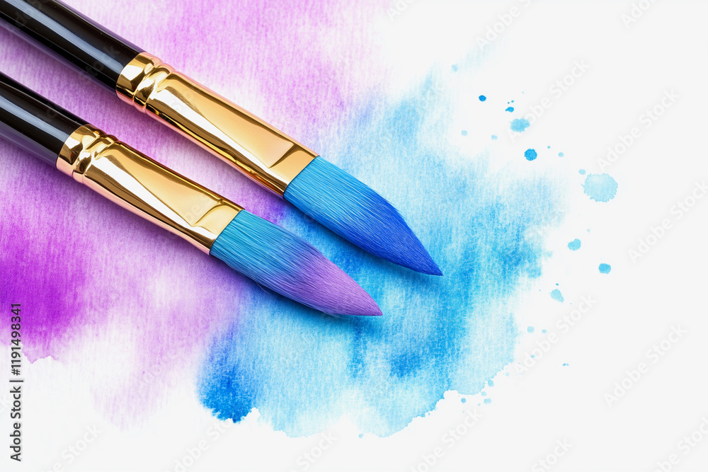 Obraz premium Two paintbrushes with blue and purple paint on a canvas. Scene is creative and artistic