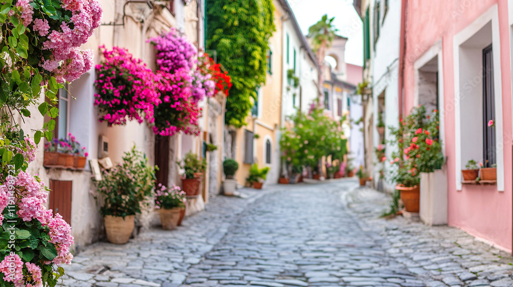 Typical view of empty narrow European street with colorful walls and flowers in pots. Architecture and landmark. Cozy city landscape, tourist route Typical view of empty narrow European street with colorful walls and flowers in pots. Architecture and landmark. Cozy city landscape, tourist route