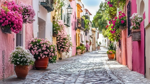 Typical view of empty narrow European street with colorful walls and flowers in pots. Architecture and landmark. Cozy city landscape, tourist route