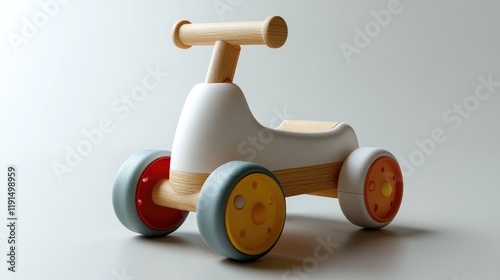 Stylish wooden toy car with rounded edges, vibrant wheels, and s photo