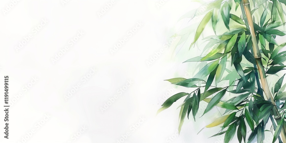 Bamboo branches with leaves painted with watercolors on a light background. Space for text, congratulations, advertising. Bamboo branches with leaves painted with watercolors on a light background. Space for text, congratulations, advertising.