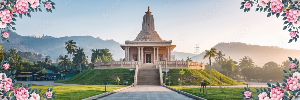 Fototapeta premium Scenic temple sunrise view with floral border.