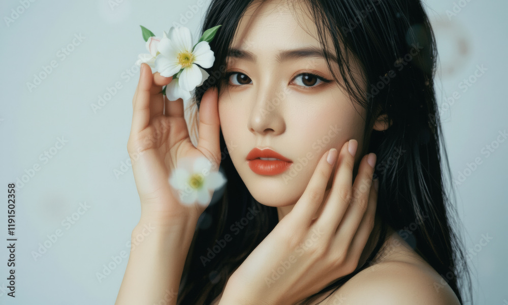woman with long dark hair holds white flower near her face, exuding elegance and grace. Her expression is serene, and soft background enhances delicate atmosphere