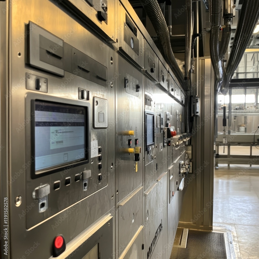 Industrial control panel, screens, buttons, metallic. Industrial control panel, screens, buttons, metallic.