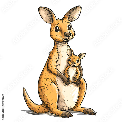 Playful Baby Kangaroo Illustration with Mother in Soft Colors for Children's Book