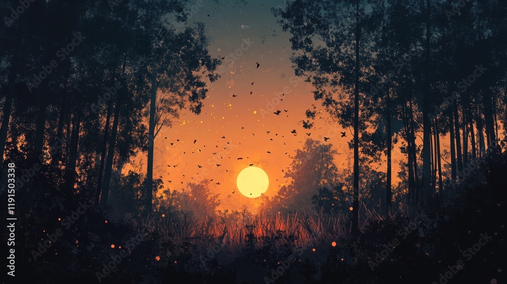 Sunset Forest Birds Flying Golden Hour Scene Sunset Forest Birds Flying Golden Hour Scene