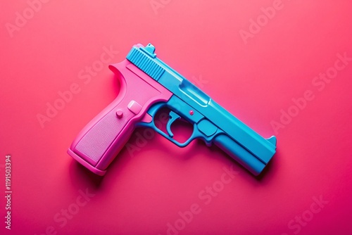 Pink & Blue Plastic Toy Gun Panoramic, Isolated on Pink Background - Generative AI Image photo