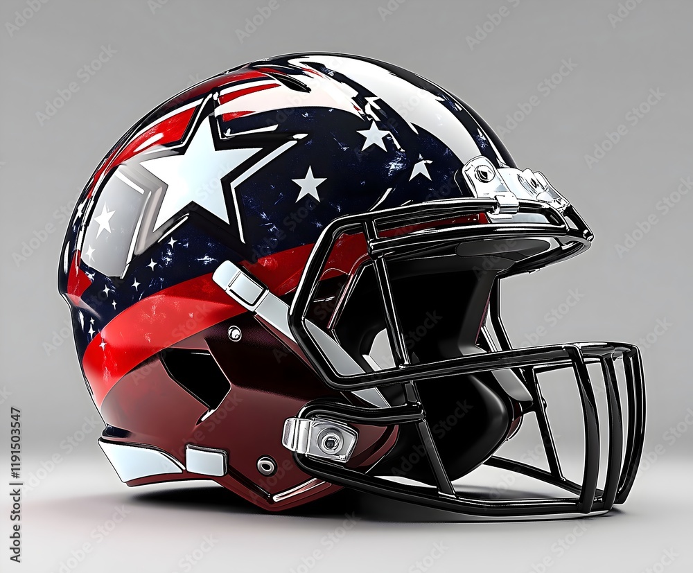 Fototapeta premium Modern American Football Helmet with Patriotic Stars and Stripes Design, Perfect for Sports, Team Spirit, and USA-Themed Projects