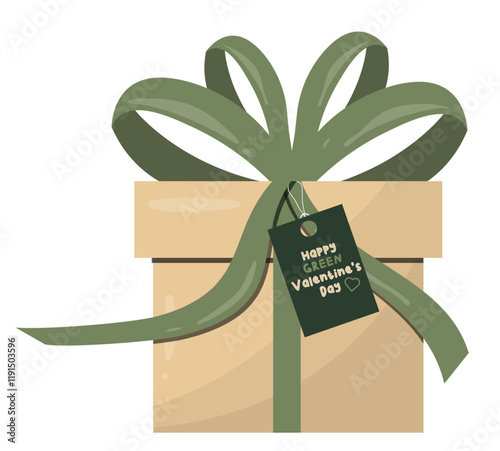 Eco Gift Box with Green Ribbon and Valentine's Tag isolated on white background. Sustainable gift box with green ribbon and Happy Green Valentine's Day message tag. Flat style. Vector illustration
