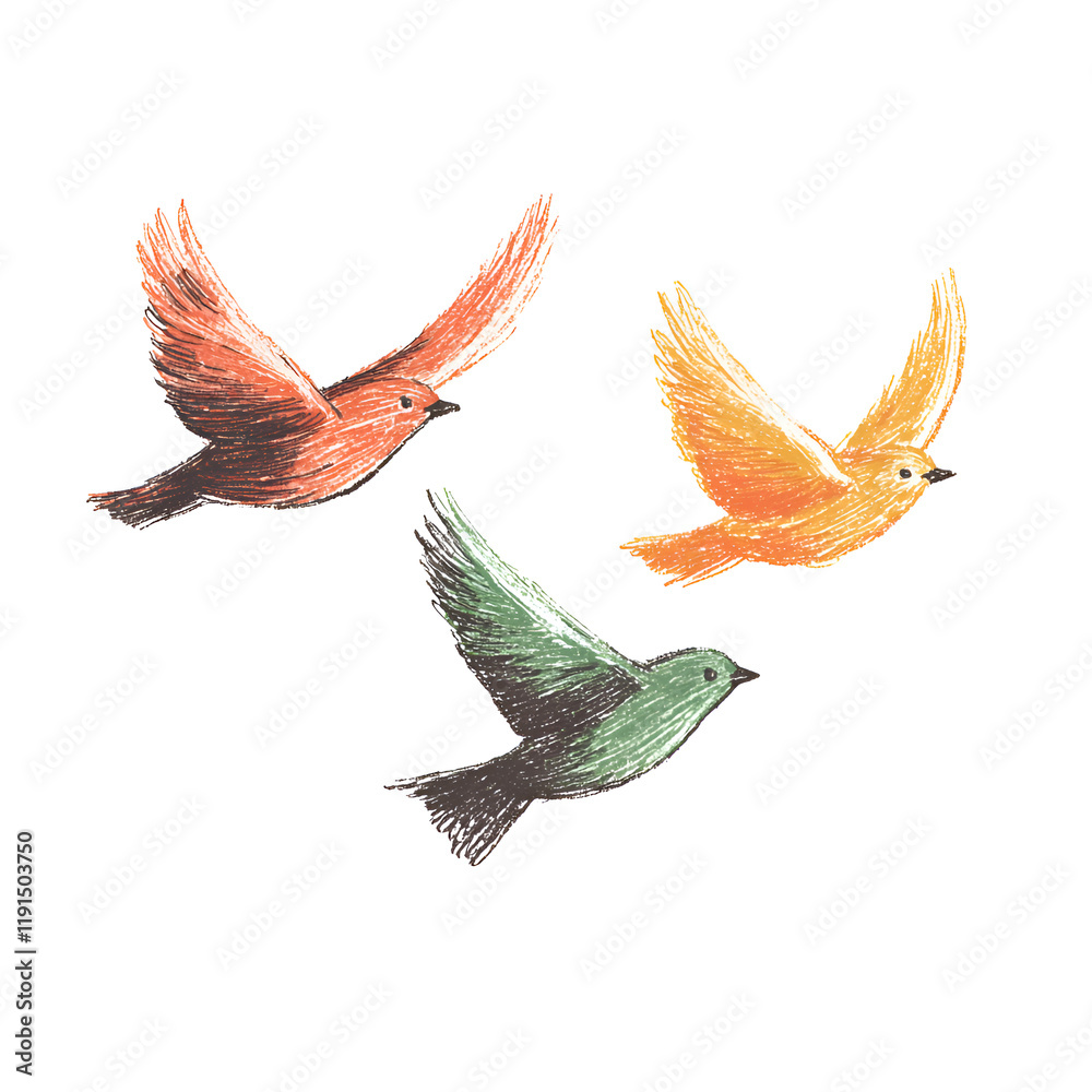 Obraz premium Whimsical Flying Birds Hand-Drawn Colorful Art Illustration