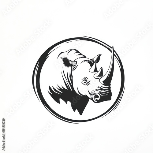 Rhino head, monochrome sketch, circular frame, white background, logo design photo