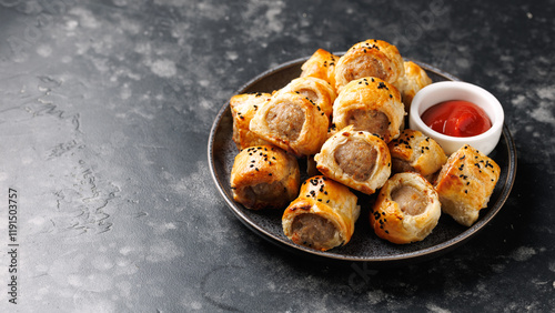 Freshly baked English Sausage rolls with ketchup. Party snack food. photo