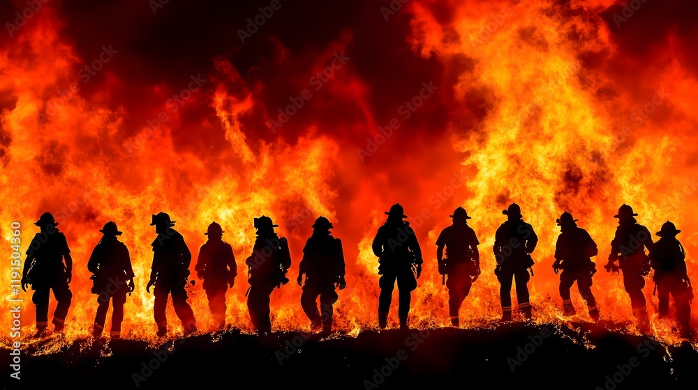 Firefighters in formation with flames behind them Firefighters in formation with flames behind them