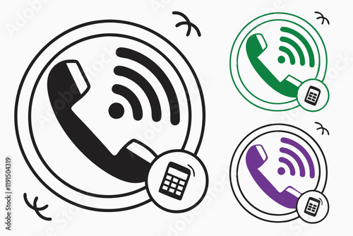 Phone icons, circular designs, black and white symbols, green icon, purple icon, call buttons, communication symbols, minimalist graphics, vector illustrations, flat design, user interface elements, a