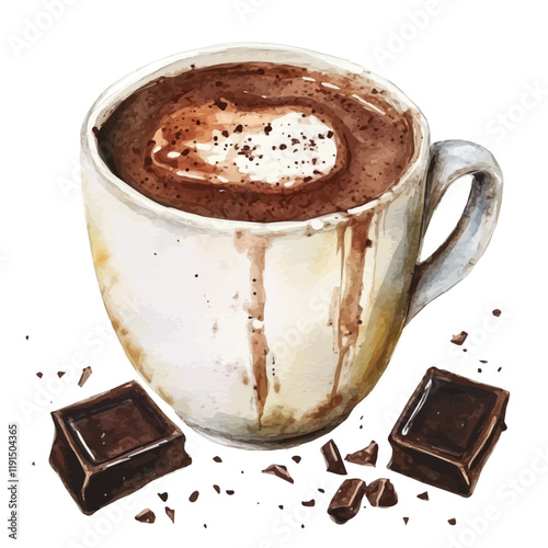 A watercolor of dark chocolate hot chocolate, isolated on a white background. Dark Chocolate Hot Chocolate vector.
