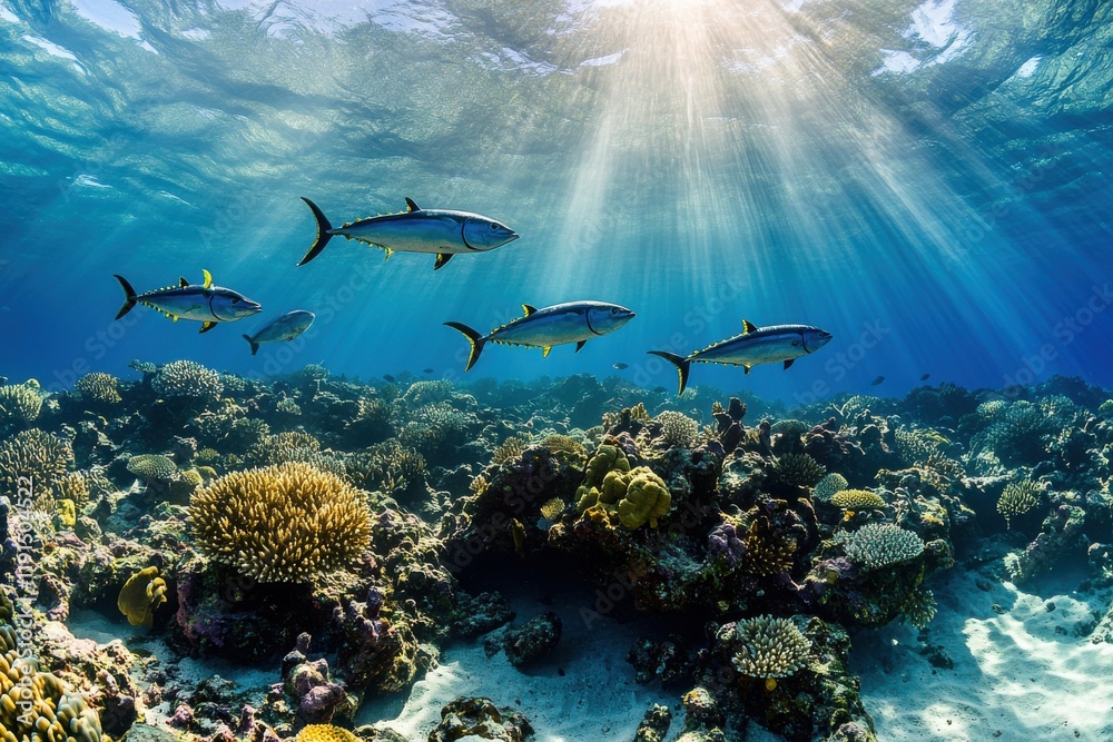 Fototapeta premium Albacore Tuna in Vibrant Coral Reef Scene With Clear Water