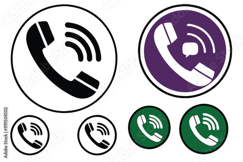 Phone icons, circular designs, black and white symbols, green icon, purple icon, call buttons, communication symbols, minimalist graphics, vector illustrations, flat design, user interface elements, a