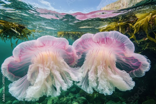 Large pinkishwhite jellyfish with flowing tentacles in peaceful cove photo