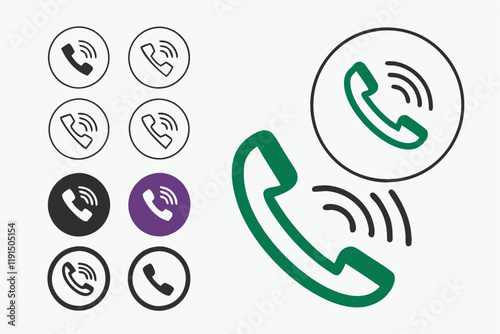 Phone icons, circular designs, black and white symbols, green icon, purple icon, call buttons, communication symbols, minimalist graphics, vector illustrations, flat design, user interface elements, a